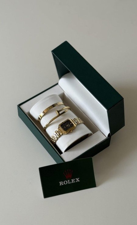 طقم ساعة - Rolex ( ساعة ذهبي / أسود + اسوارتين )